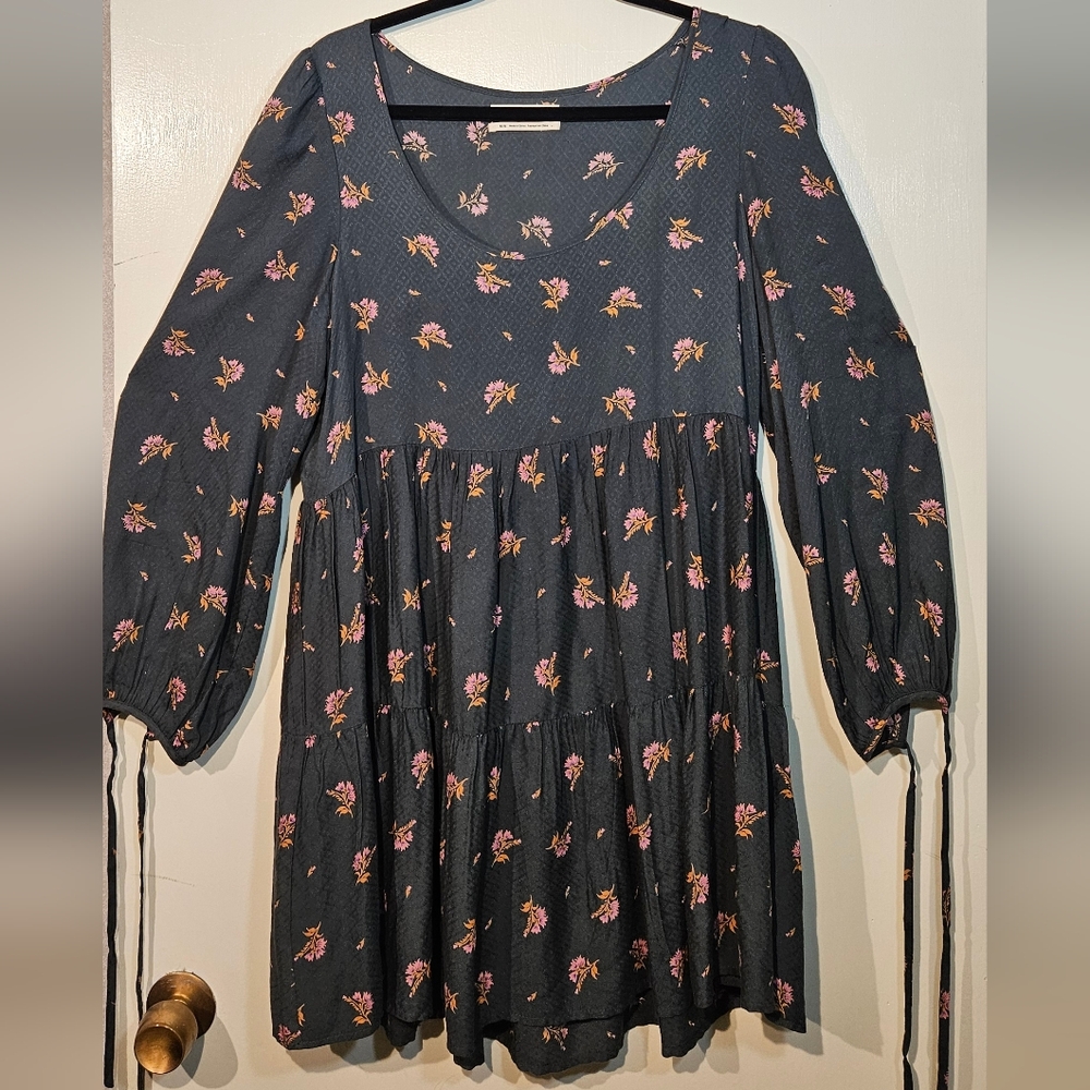 Urban Outfitters Mindy Frock Black Floral Long Sleeve Babydoll Mini Dress Medium